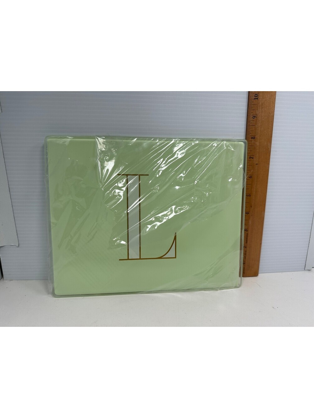 Kate Spade Lenox initial L Glass Cutting Board Trivet 8x10 Mint Green
